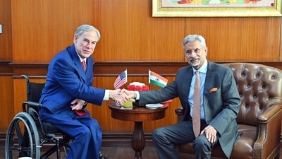 External affairs minister S Jaishankar meets Texas Governor Greg Abbott, in New Delhi on Saturday. (DrSJaishankar-X)