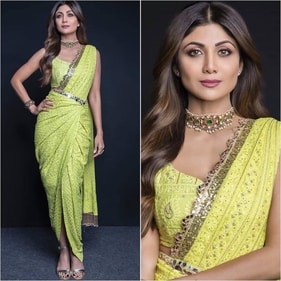 Shilpa Shetty stuns in a yellow saree featuring a captivating dhoti-style drape. (Instagram) Shilpa Shetty stuns in a yellow saree featuring a captivating dhoti-style drape. (Instagram)