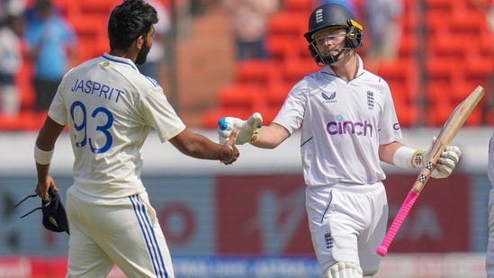 England's batter Ollie Pope being greeted by India's bowler Jasprit Bumrah after his dismissal (PTI)