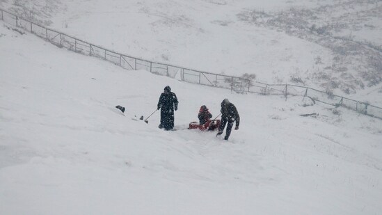 Tourists are enjoying as sledge pullers and horsemen are busy giving them rides in the fresh snow spell in Gulmarg on Sunday.(HT Photo)
