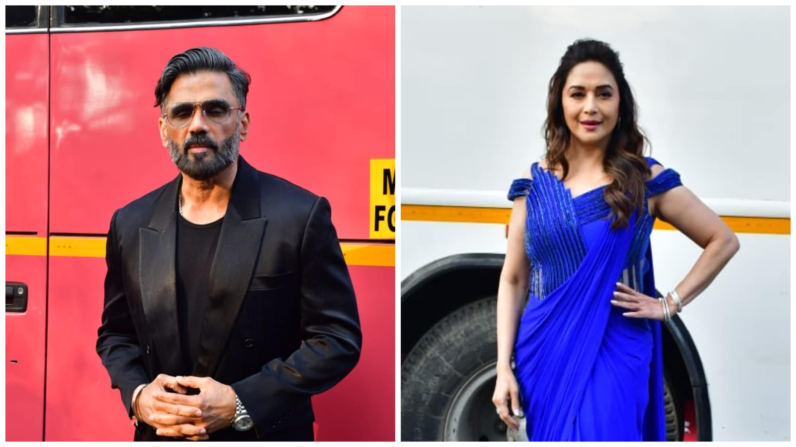 Suniel Shetty and Madhuri Dixit at the Bigg Boss sets. Suniel Shetty and Madhuri Dixit at the Bigg Boss sets.