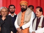 Bihar chief minister Nitish Kumar and deputy chief ministers Samrat Choudhary and Vijay Kumar Sinha after oath taken ceremony at Raj Bhawan in Patna, Sunday. (Santosh Kumar/ Hindustan Times)