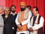 Bihar chief minister Nitish Kumar and deputy chief ministers Samrat Choudhary and Vijay Kumar Sinha after oath taken ceremony at Raj Bhawan in Patna, Sunday. (Santosh Kumar/ Hindustan Times)