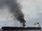 A view of  the oil tanker Marlin Luanda on fire after an attack, in the Red sea.