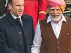 French President Emmanuel Macron being received by Prime Minister Narendra Modi upon his arrival to attend the 75th Republic Day ceremony, in New Delhi (PTI) French President Emmanuel Macron being received by Prime Minister Narendra Modi upon his arrival to attend the 75th Republic Day ceremony, in New Delhi (PTI)