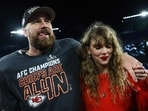 BALTIMORE, MARYLAND - JANUARY 28: Travis Kelce #87 of the Kansas City Chiefs (L) celebrates with Taylor Swift after defeating the Baltimore Ravens in the AFC Championship Game at M&T Bank Stadium on January 28, 2024 in Baltimore, Maryland.
