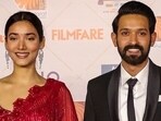 Filmfare Awards 2024: Medha Shankar, Vikrant Massey Janhvi Kapoor and Triptii Dimri pose on the red carpet. (PTI)