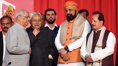 Bihar chief minister Nitish Kumar and deputy chief ministers Samrat Choudhary and Vijay Kumar Sinha after oath taken ceremony at Raj Bhawan in Patna, Sunday. (Santosh Kumar/ Hindustan Times)