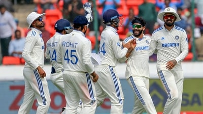 India's Ravindra Jadeja and teammates celebrate the dismissal of England's Jonny Bairstow during Day 3 of 1st Test match, at Rajiv Gandhi International Stadium in Hyderabad (ANI ) India's Ravindra Jadeja and teammates celebrate the dismissal of England's Jonny Bairstow during Day 3 of 1st Test match, at Rajiv Gandhi International Stadium in Hyderabad (ANI )