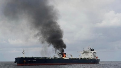 A view of the oil tanker Marlin Luanda on fire after an attack, in the Red sea. (AP) A view of the oil tanker Marlin Luanda on fire after an attack, in the Red sea. (AP)