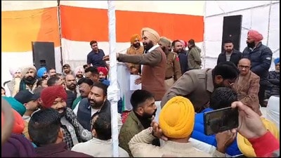 Former Ajnala MLA Harpartap Singh trying to pacify Congress workers during a meeting in Amritsar on Monday. (HT Photo) Former Ajnala MLA Harpartap Singh trying to pacify Congress workers during a meeting in Amritsar on Monday. (HT Photo)