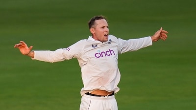 England's Tom Hartley, who took 7 wickets in the second innings, celebrates after winning the first Test cricket match vs India. (PTI) England's Tom Hartley, who took 7 wickets in the second innings, celebrates after winning the first Test cricket match vs India. (PTI)