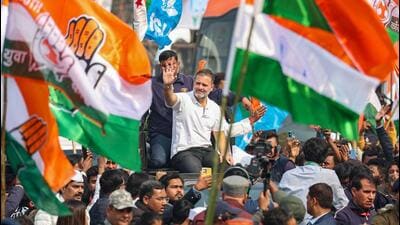 Rahul Gandhi waves at supporters during the Bharat Jodo Nyay Yatra in Kishanganj on Monday. (PTI) Rahul Gandhi waves at supporters during the Bharat Jodo Nyay Yatra in Kishanganj on Monday. (PTI)
