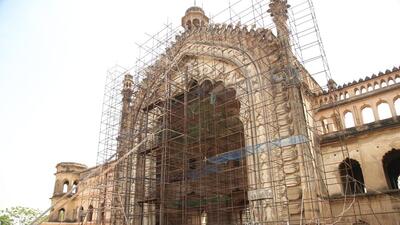 Restoration work under way at the Rumi Darwaza in Lucknow. (HT Photo) Restoration work under way at the Rumi Darwaza in Lucknow. (HT Photo)