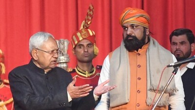 Bihar Chief Minister Nitish Kumar with Deputy Chief Minister Samrat Choudhary at the Raj Bhawan in Patna on January 28. (Santosh Kumar/ Hindustan Times)
