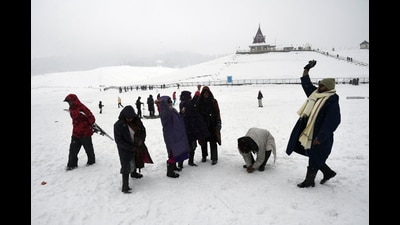 Tourists enjoy snow at a ski resort after the fresh snowfall received in Gulmarg on Monday. As the 40-day harshest winter period of Chilai Kalan in Kashmir ended on Monday with scant snowfall or rain, the agricultural and horticulture experts warn of its adverse effects in coming months if there is no major snowfall in early February. (ANI) Tourists enjoy snow at a ski resort after the fresh snowfall received in Gulmarg on Monday. As the 40-day harshest winter period of Chilai Kalan in Kashmir ended on Monday with scant snowfall or rain, the agricultural and horticulture experts warn of its adverse effects in coming months if there is no major snowfall in early February. (ANI)