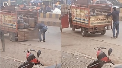 Rinku Singh’s father, Khanchand Singh, closing the tailgate of the three-wheeler. (Instagram/@dushyantbhardwaj50986)