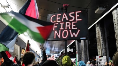 Pro-Palestine protester gather at Jamaica train station in New York City on January 27, 2024. (Photo by Charly TRIBALLEAU / AFP) (AFP) Pro-Palestine protester gather at Jamaica train station in New York City on January 27, 2024. (Photo by Charly TRIBALLEAU / AFP) (AFP)