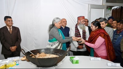 Union finance minister Nirmala Sitharaman at the halwa ceremony in New Delhi on Wednesday. (PTI) Union finance minister Nirmala Sitharaman at the halwa ceremony in New Delhi on Wednesday. (PTI)