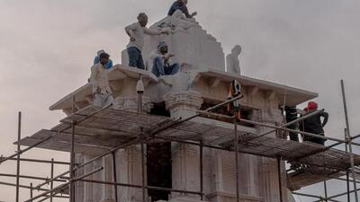 Workers at the construction site at the Janmabhoomi path leading to the Ram temple in Ayodhya. (Bloomberg/File Pic)