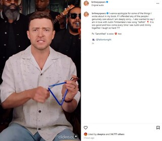 Britney Spears wrote on Instagram that she 'loves' Justin Timberlake’s new song Selfish. Britney Spears wrote on Instagram that she 'loves' Justin Timberlake’s new song Selfish.