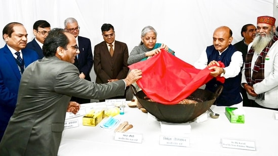 Finance minister Nirmala Sitharaman at the halwa ceremony to mark the commencement of the final stage of preparations for Interim Union Budget 2024 in New Delhi on January 24. (PTI) Finance minister Nirmala Sitharaman at the halwa ceremony to mark the commencement of the final stage of preparations for Interim Union Budget 2024 in New Delhi on January 24. (PTI)