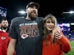 Travis Kelce #87 of the Kansas City Chiefs celebrates with Taylor Swift after a 17-10 victory against the Baltimore Ravens in the AFC Championship Game at M&T Bank Stadium on January 28, 2024 in Baltimore, Maryland.   Patrick Smith/Getty Images/AFP (Photo by Patrick Smith / GETTY IMAGES NORTH AMERICA / Getty Images via AFP)