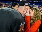 Taylor Swift kisses Kansas City Chiefs tight end Travis Kelce after an AFC Championship NFL football game against the Baltimore Ravens, Sunday, Jan. 28, 2024, in Baltimore. The Kansas City Chiefs won 17-10.