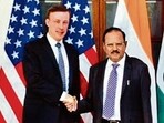 NSA Ajit Doval with his US counterpart Jake Sullivan in New Delhi (ANI)