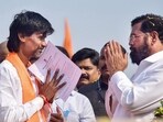 Maharashtra Chief Minister Eknath Shinde with Maratha reservation activist Manoj Jarange Patil at the protest venue after the state government accepted the latter's demands.
