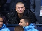 Manchester City's Erling Braut Haaland is pictured in the stands before the match