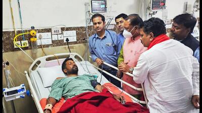 Chhattisgarh chief minister Vishnu Deo Sai meets an injured CRPF soldier at a hospital in Raipur on Tuesday. (PTI) Chhattisgarh chief minister Vishnu Deo Sai meets an injured CRPF soldier at a hospital in Raipur on Tuesday. (PTI)