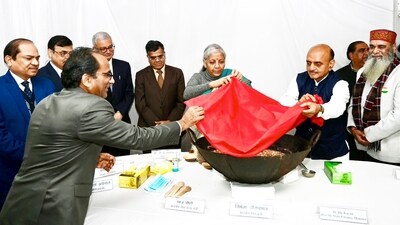 Finance minister Nirmala Sitharaman at the halwa ceremony to mark the commencement of the final stage of preparations for Interim Union Budget 2024 in New Delhi on January 24. (PTI) Finance minister Nirmala Sitharaman at the halwa ceremony to mark the commencement of the final stage of preparations for Interim Union Budget 2024 in New Delhi on January 24. (PTI)