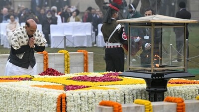 India's Defence Minsiter Rajnath Singh pays his respect at the Mahatma Gandhi memorial at Rajghat on Gandhi's death anniversary in New Delhi. (AFP) India's Defence Minsiter Rajnath Singh pays his respect at the Mahatma Gandhi memorial at Rajghat on Gandhi's death anniversary in New Delhi. (AFP)