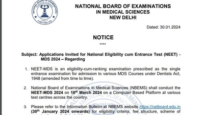 NEET MDS 2024 to be conducted on March 18, results to be released on April 18 NEET MDS 2024 to be conducted on March 18, results to be released on April 18