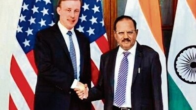 NSA Ajit Doval with his US counterpart Jake Sullivan in New Delhi (ANI)