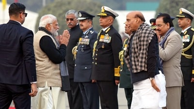 Vice President Jagdeep Dhankhar, Prime Minister Narendra Modi, Defence Minister Rajnath Singh and several union ministers, Chief of Defence Staff Gen Anil Chauhan, the three service chiefs, senior officials, besides the general public attended the mega event. (PTI) Vice President Jagdeep Dhankhar, Prime Minister Narendra Modi, Defence Minister Rajnath Singh and several union ministers, Chief of Defence Staff Gen Anil Chauhan, the three service chiefs, senior officials, besides the general public attended the mega event. (PTI)