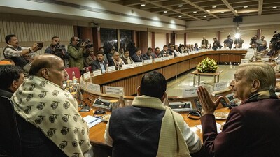 New Delhi: Union Defence Minister Rajnath, Congress leader Pramod Tiwari and others during an all-party meeting ahead of the Budget session of Parliament. (PTI) New Delhi: Union Defence Minister Rajnath, Congress leader Pramod Tiwari and others during an all-party meeting ahead of the Budget session of Parliament. (PTI)