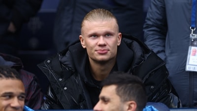 Manchester City's Erling Braut Haaland is pictured in the stands before the match (Reuters)