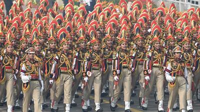 The Delhi Police all-women contingent during the 75th Republic Day Parade. (Raj K Raj/HT photo) The Delhi Police all-women contingent during the 75th Republic Day Parade. (Raj K Raj/HT photo)