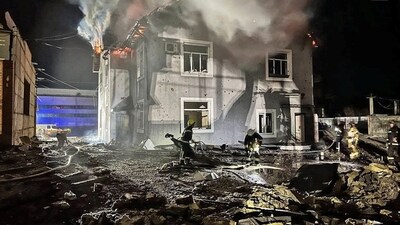 Firefighters work at a site where production facilities were damaged during a Russian drone strike, amid Russia's attack on Ukraine. (Reuters)