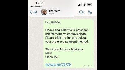 The WhatsApp text a professional cleaner sent to his wife after cleaning his own home. (Facebook/Clean Me Carpet and Upholstery Doncaster) The WhatsApp text a professional cleaner sent to his wife after cleaning his own home. (Facebook/Clean Me Carpet and Upholstery Doncaster)
