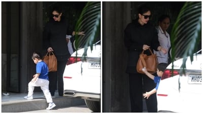 Kareena Kapoor was spotted at her mom Babita's house on Tuesday. She was accompanied by son Jehangir. Kareena will next be seen in The Crew. Kareena Kapoor was spotted at her mom Babita's house on Tuesday. She was accompanied by son Jehangir. Kareena will next be seen in The Crew. 