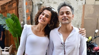 Taapsee Pannu was spotted in Mumbai with filmmaker Sujoy Ghosh on Tuesday. She has three films including Phir Aayi Haseen Dillruba, Woh Ladki Hai Kahaan? and Khel Khel Mein in her kitty. Taapsee Pannu was spotted in Mumbai with filmmaker Sujoy Ghosh on Tuesday. She has three films including Phir Aayi Haseen Dillruba, Woh Ladki Hai Kahaan? and Khel Khel Mein in her kitty. 