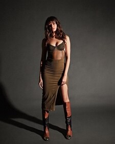 Ananya Panday in a rustic coloured see-through corset top with a thigh-high slit skirt (Photo: Instagram) Ananya Panday in a rustic coloured see-through corset top with a thigh-high slit skirt (Photo: Instagram)