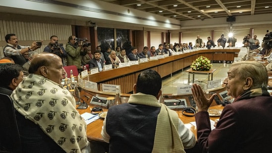 New Delhi: Union Defence Minister Rajnath, Congress leader Pramod Tiwari and others during an all-party meeting ahead of the Budget session of Parliament. (PTI)