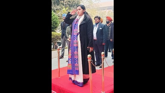 Sakshi Sawhney taking charge as deputy commissioner in Ludhiana on Tuesday. (HT Photo)