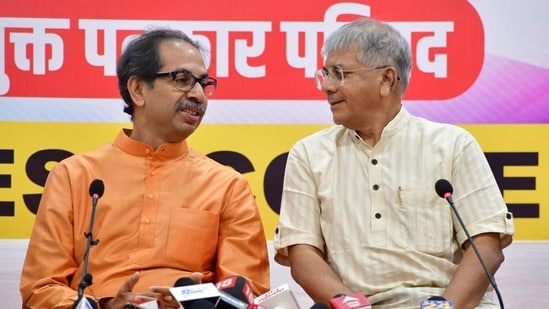 Shiv Sena (UBT) chief Uddhav Thackeray and Vanchit Bahujan Aaghadi (VBA) leader Prakash Ambedkar. (Photo by Bhushan Koyande/HT Photo)