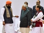 Bihar chief minister Nitish Kumar with deputy chief ministers Samrat Choudhary and Vijay Kumar Sinha. (Photo by Santosh Kumar/ Hindustan Times)