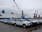FILE PHOTO: A view shows new cars produced by Chinese automaker JAC unloaded from a ship at a commercial port in Vladivostok, Russia 